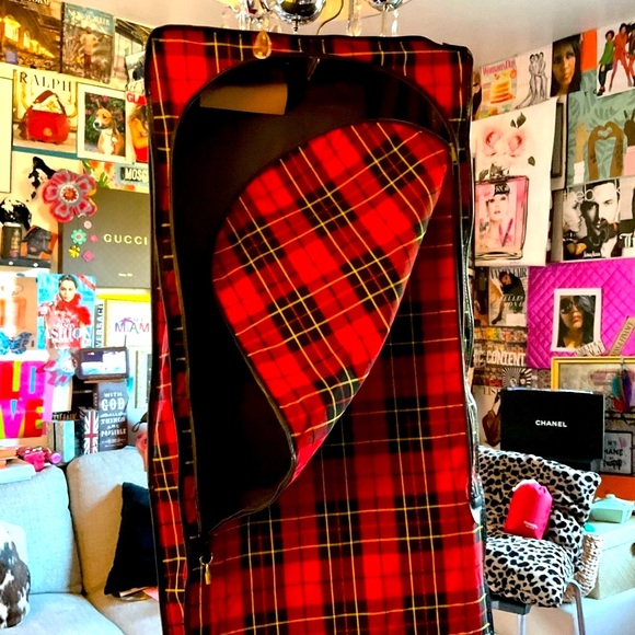 Mid Century 50s Vintage Hanging Red Tartan Plaid Luggage Garment Bag - Picture 2 of 15